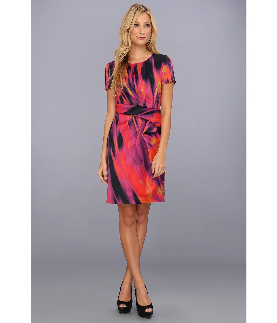 Halston Heritage Short Sleeve Crewneck Printed Dress w/ Flounce Detail Womens Dress (Red)