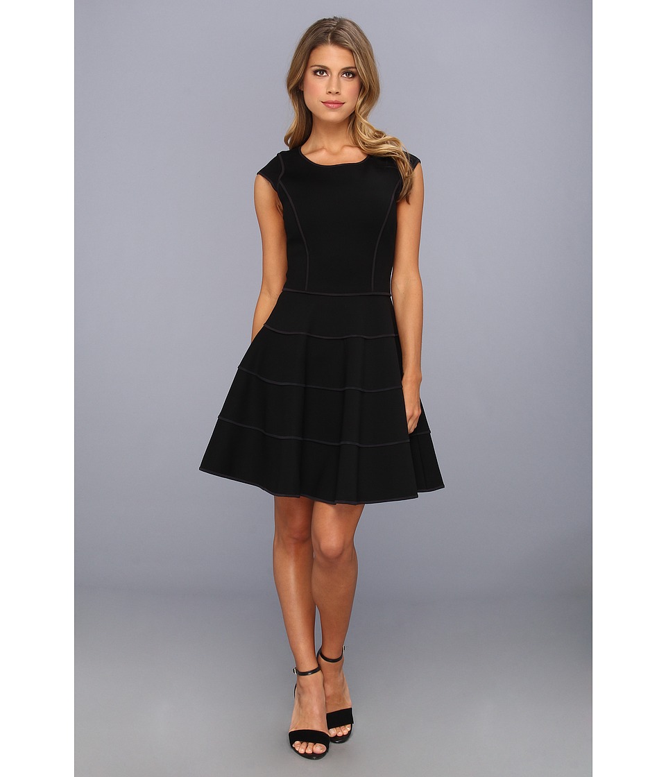 Halston Heritage Cap Sleeve Dress with Flared Skirt Womens Dress (Black)