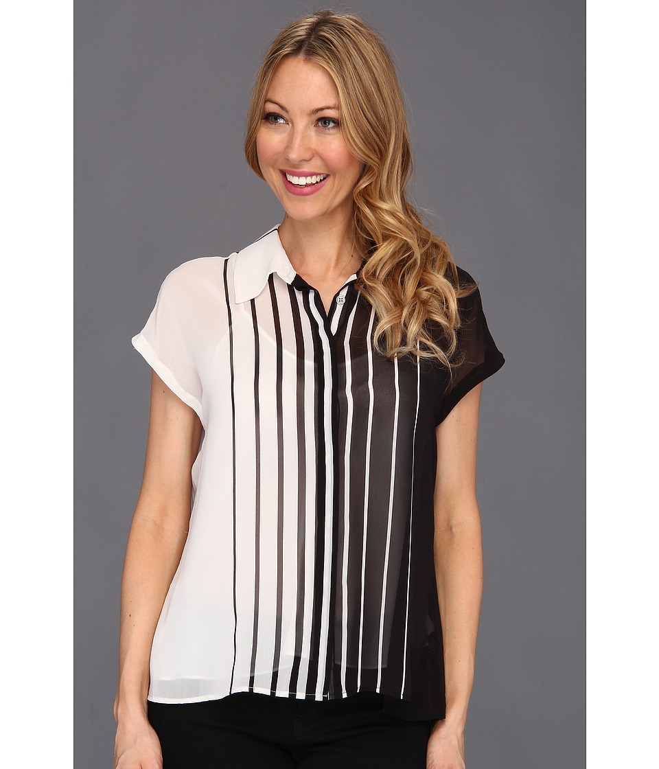 Vince Camuto Button Front Inverted Stripe Blouse Womens Blouse (Black)
