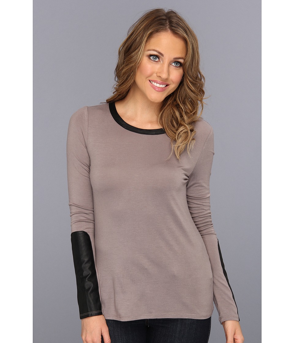 NYDJ L/S Top w/ Faux Leather Womens Long Sleeve Pullover (Gray)