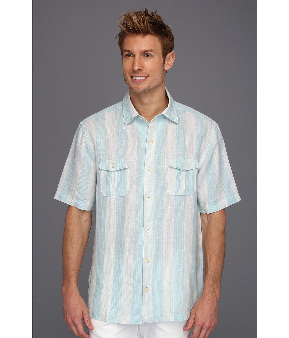 Tommy Bahama Palmas Stripe Camp Shirt Mens Short Sleeve Button Up (Blue)