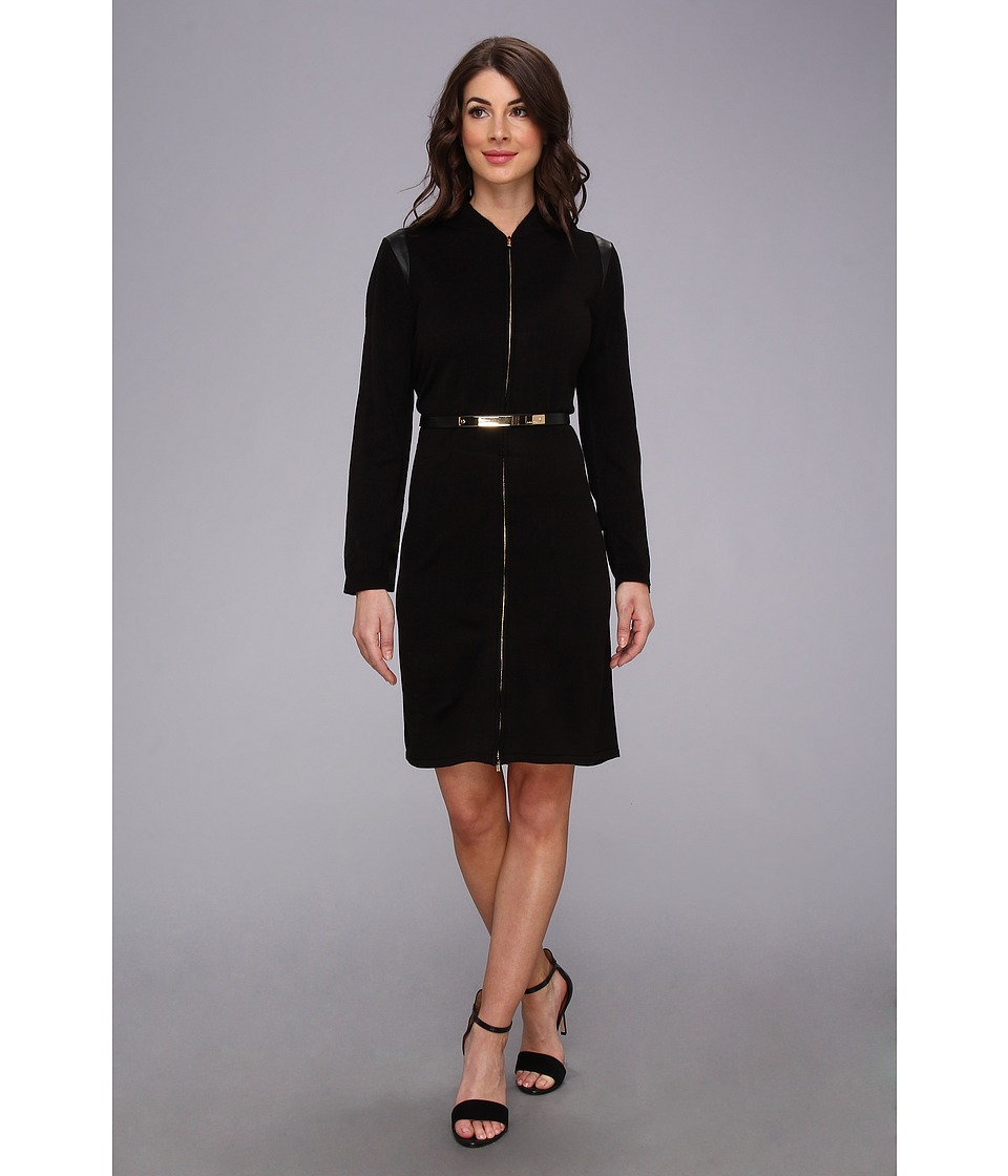 Calvin Klein L/S Belted Sweater Dress w/Zipper Womens Dress (Black)