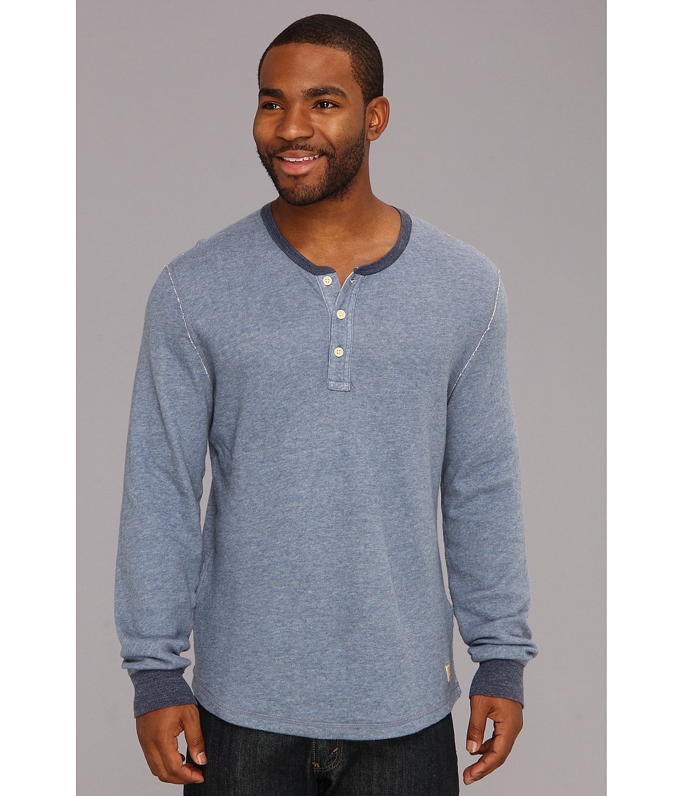 Lucky Brand Double Fabric Contrast Henley Mens Long Sleeve Pullover (Blue)
