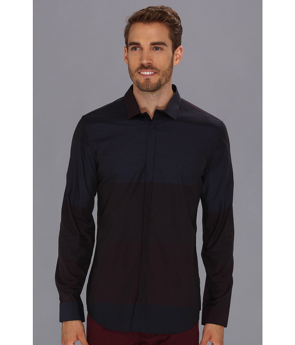 Calvin Klein Horizontal Striped Grid Check L/S Shirt Mens Long Sleeve Button Up (Black)