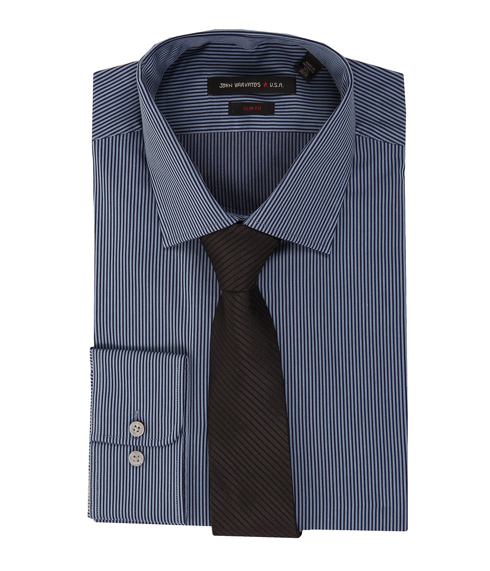 John Varvatos Regular Fit Fine Stripe Dress Shirt Mens Long Sleeve Button Up (Blue)