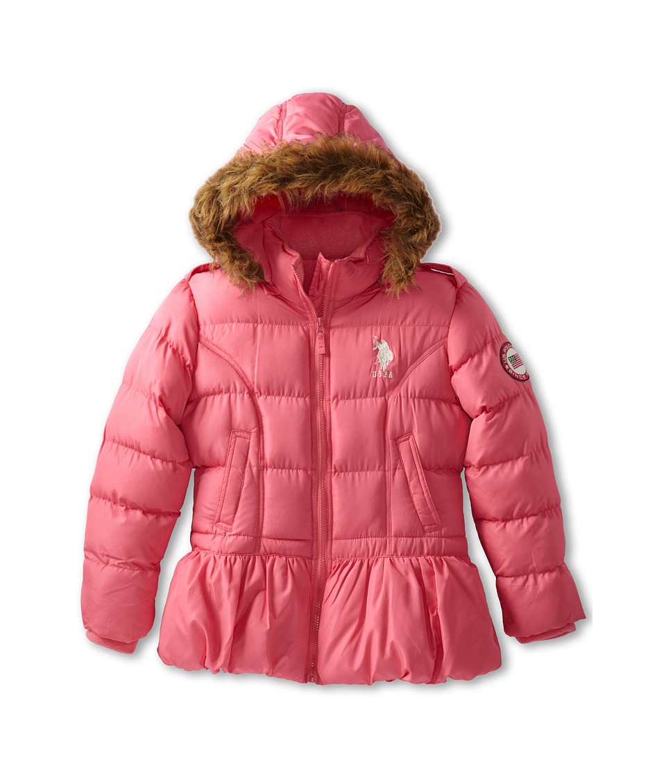 U.S. Polo Assn Kids Bubble Jacket with Faux Fur Trimmed Hood and Cinched Waist Girls Coat (Pink)