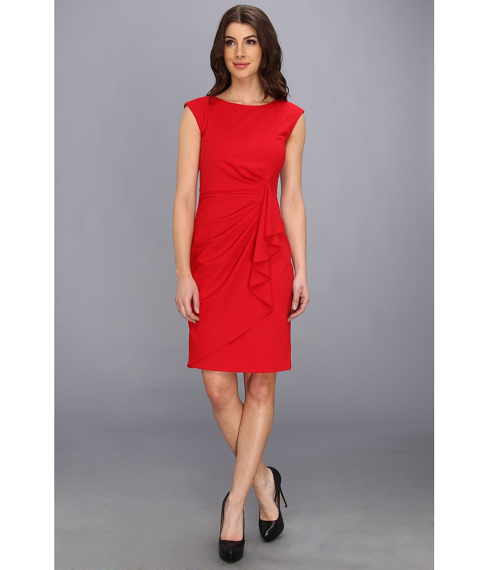 Calvin Klein Lux Cap Sleeve Ruffle Front Dress Womens Dress (Red)