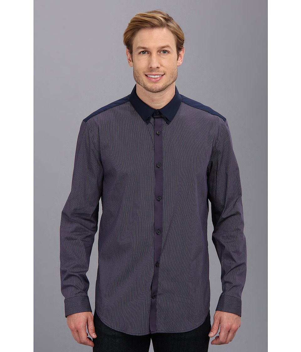 Elie Tahari Steve Shirt Mini Check w/ Solid Yoke JN00W503 Mens Long Sleeve Button Up (Purple)