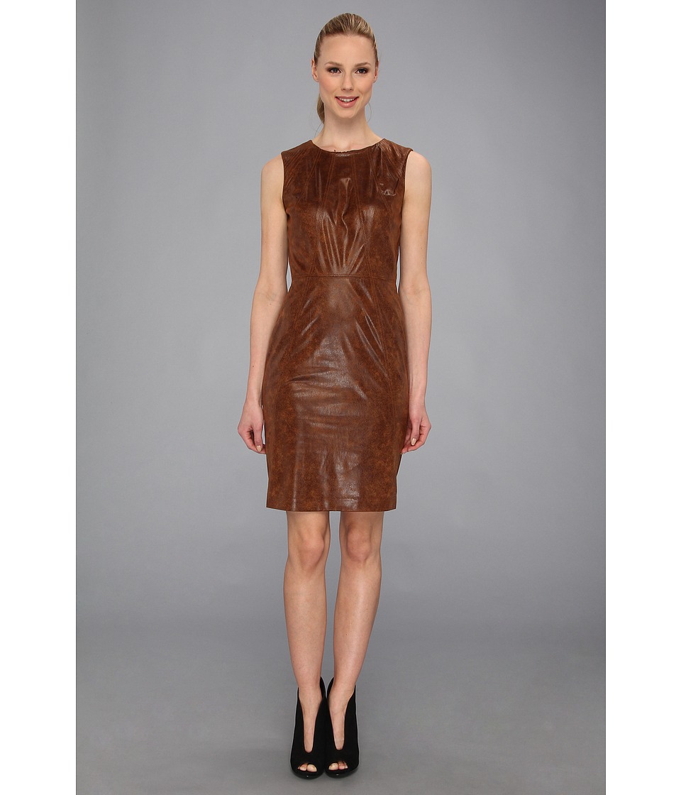 Vince Camuto Sleeveless Textured Faux Leather Sheath Womens Dress (Brown)