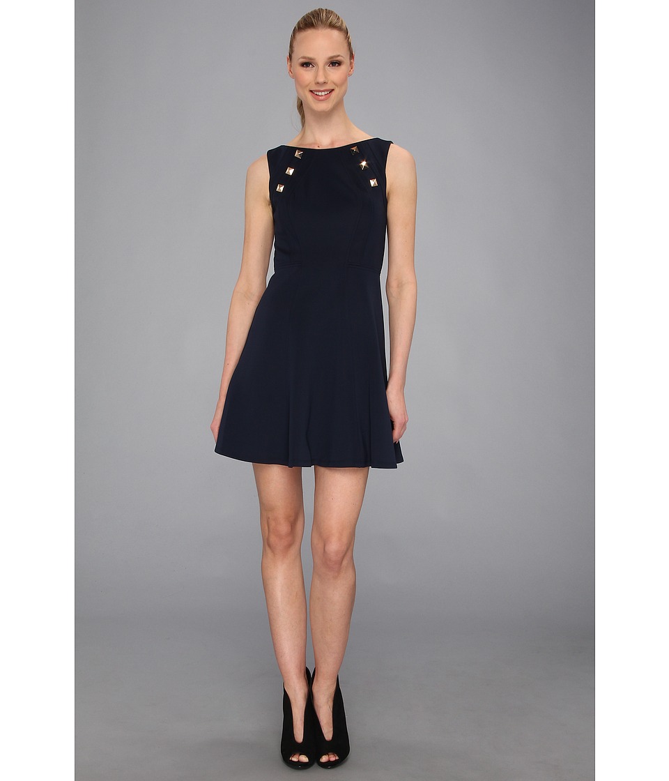 Vince Camuto Sleeveless Scuba Fit Flare Dress w/ Front Stud Detail Womens Dress (Navy)