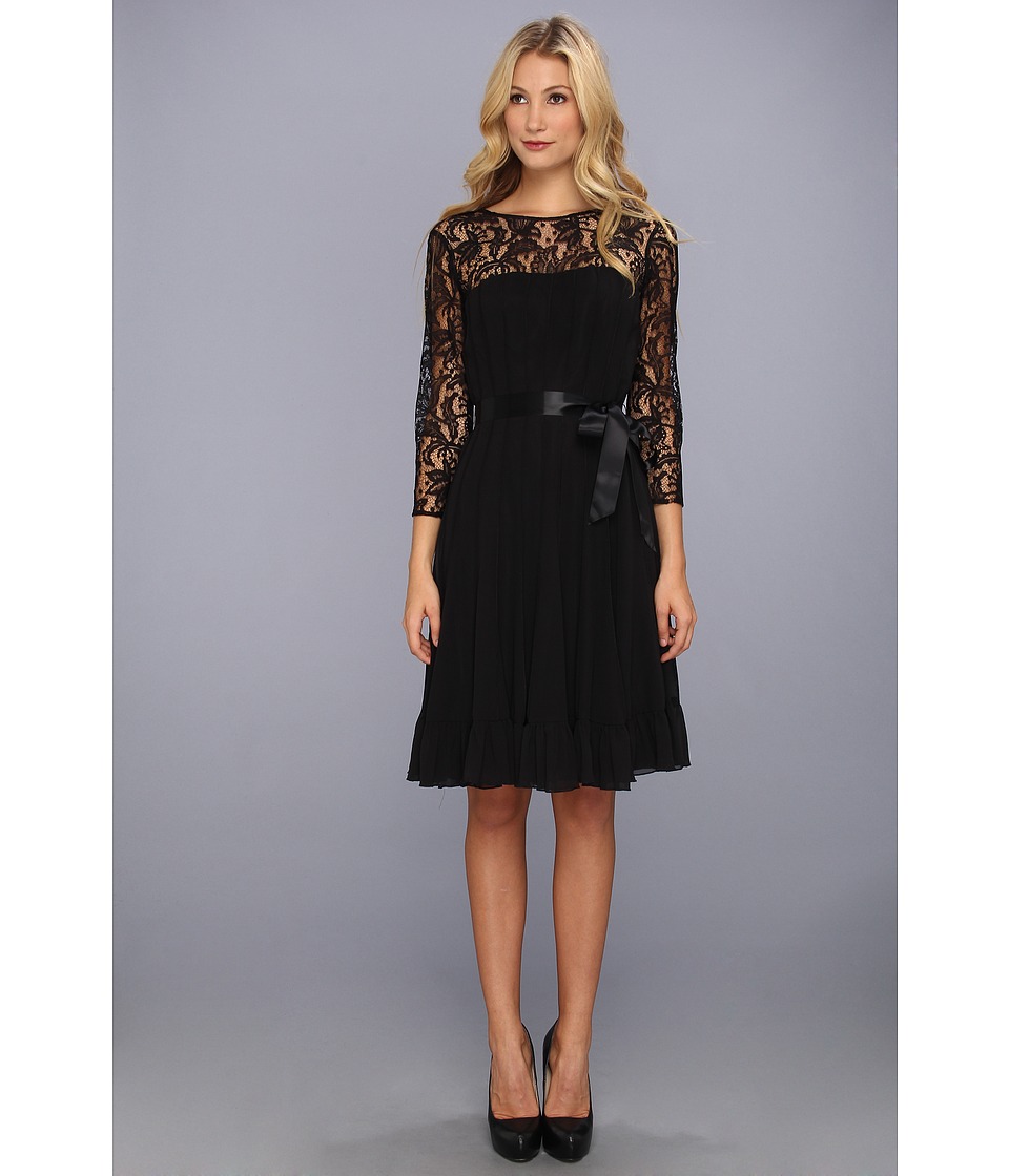 Adrianna Papell Lace Chiffon Flare Dress w/ Sash Womens Dress (Black)