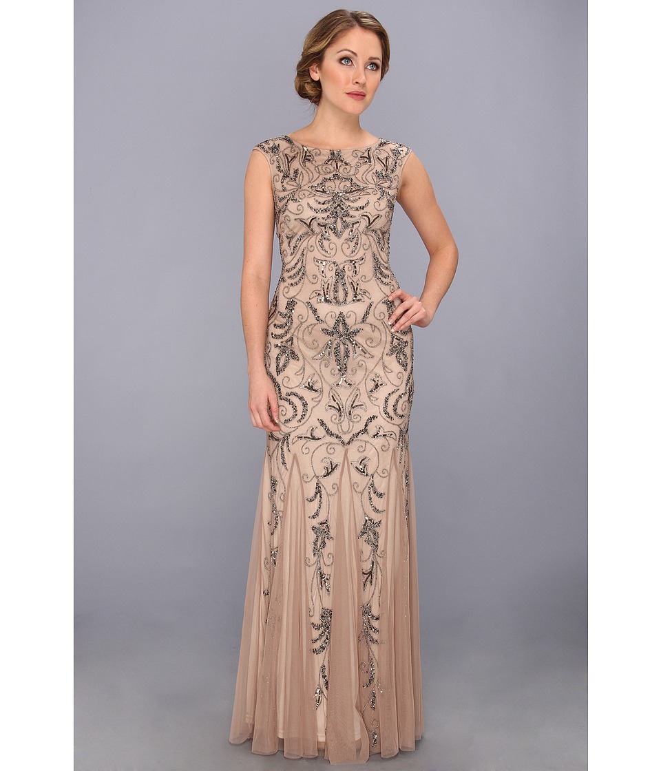 Adrianna Papell Cap Sleeve Beaded Gown Womens Dress (Tan)