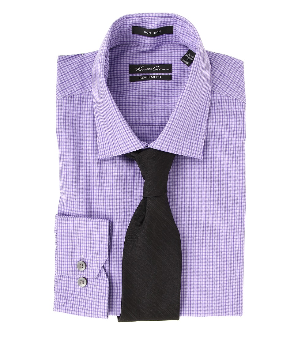 Kenneth Cole New York Non Iron Regular Fit Textured Check Dress Shirt Mens Long Sleeve Button Up (Purple)