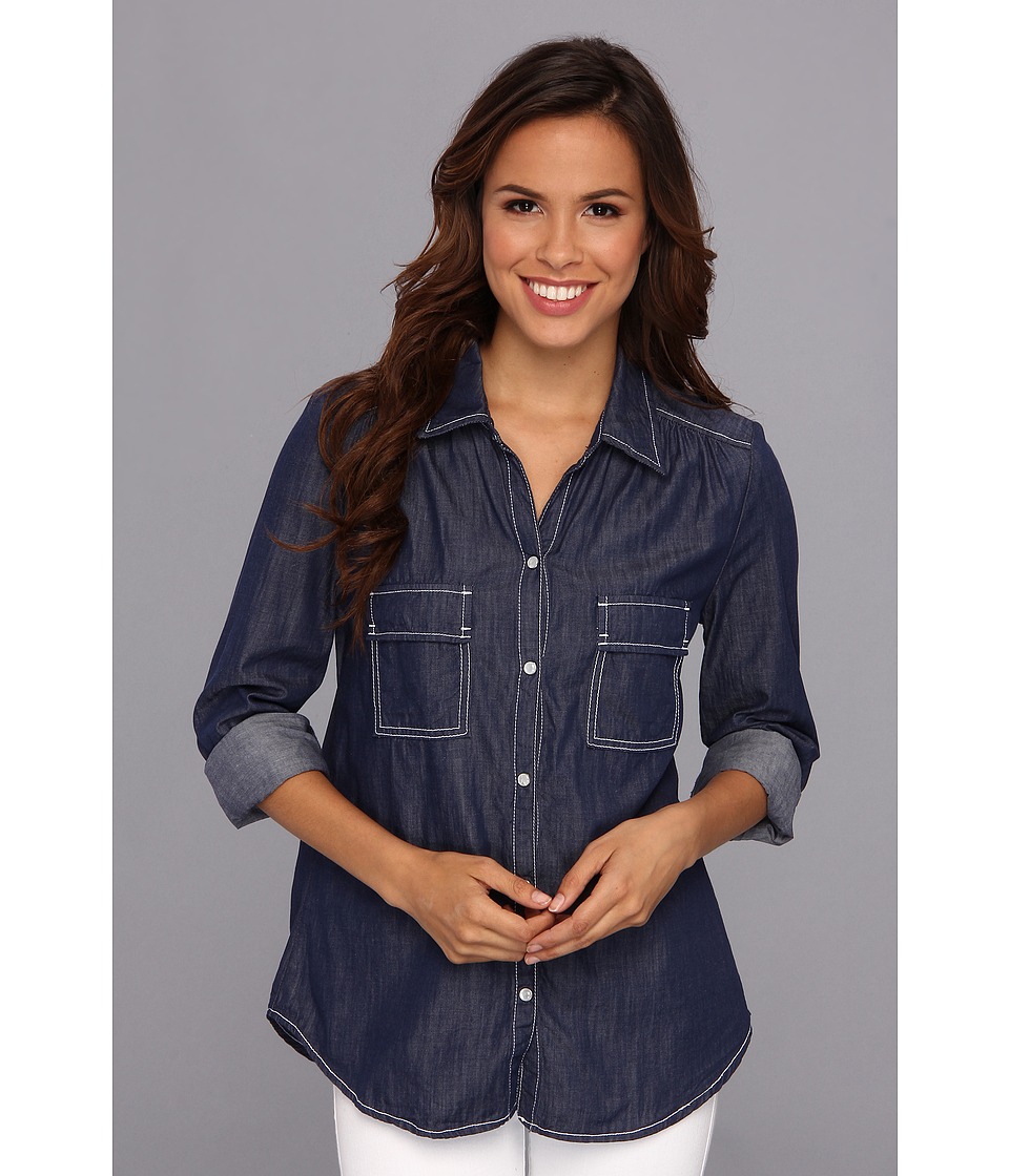 Karen Kane Patch Pocket Shirt w/Snaps Womens Long Sleeve Button Up (Blue)