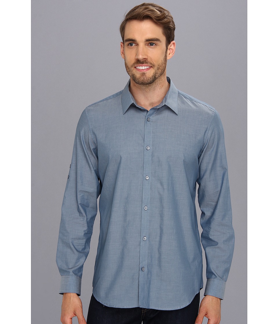 Calvin Klein YD Grid Dobby Voile Roll Up Sleeve Shirt Mens Long Sleeve Button Up (Blue)