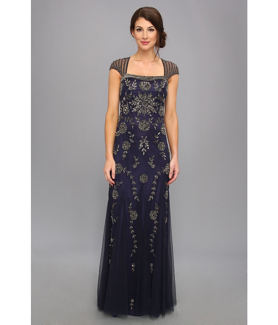 Adrianna Papell Cap Sleeve Envelope Back Bead Gown Womens Dress (Navy)