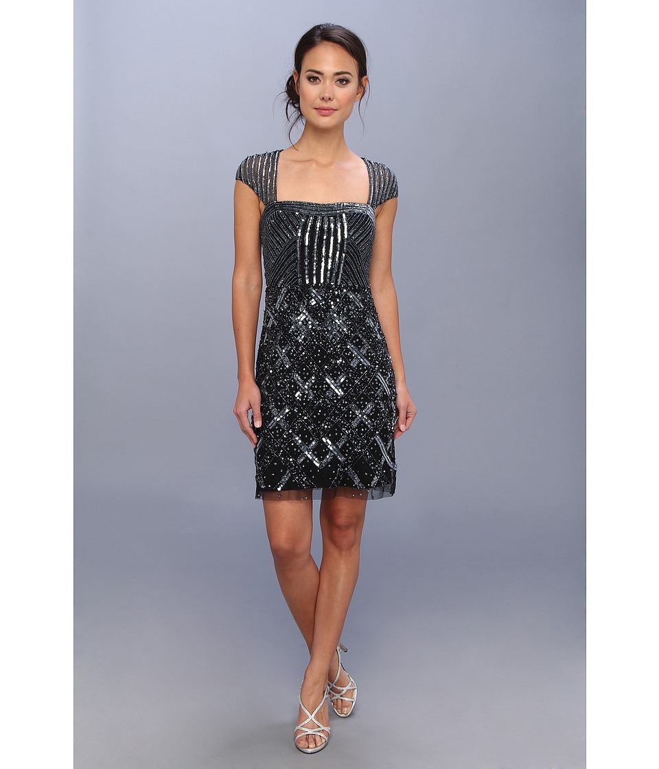 Adrianna Papell Cap Sleeve Envelope Back Short Bead Dress Womens Dress (Black)