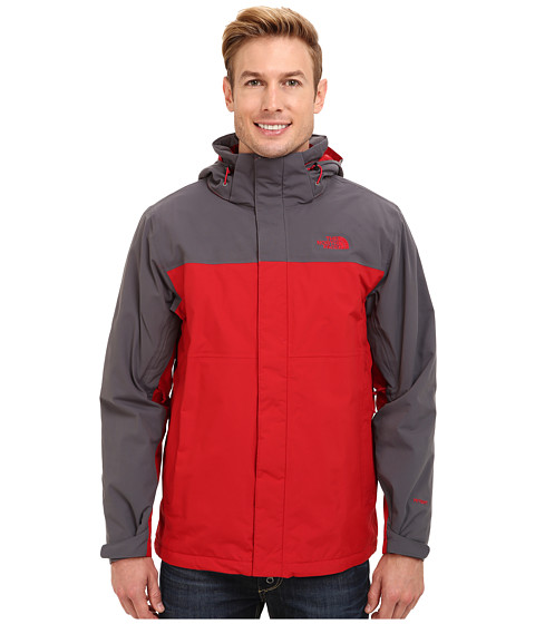 red and grey north face jacket