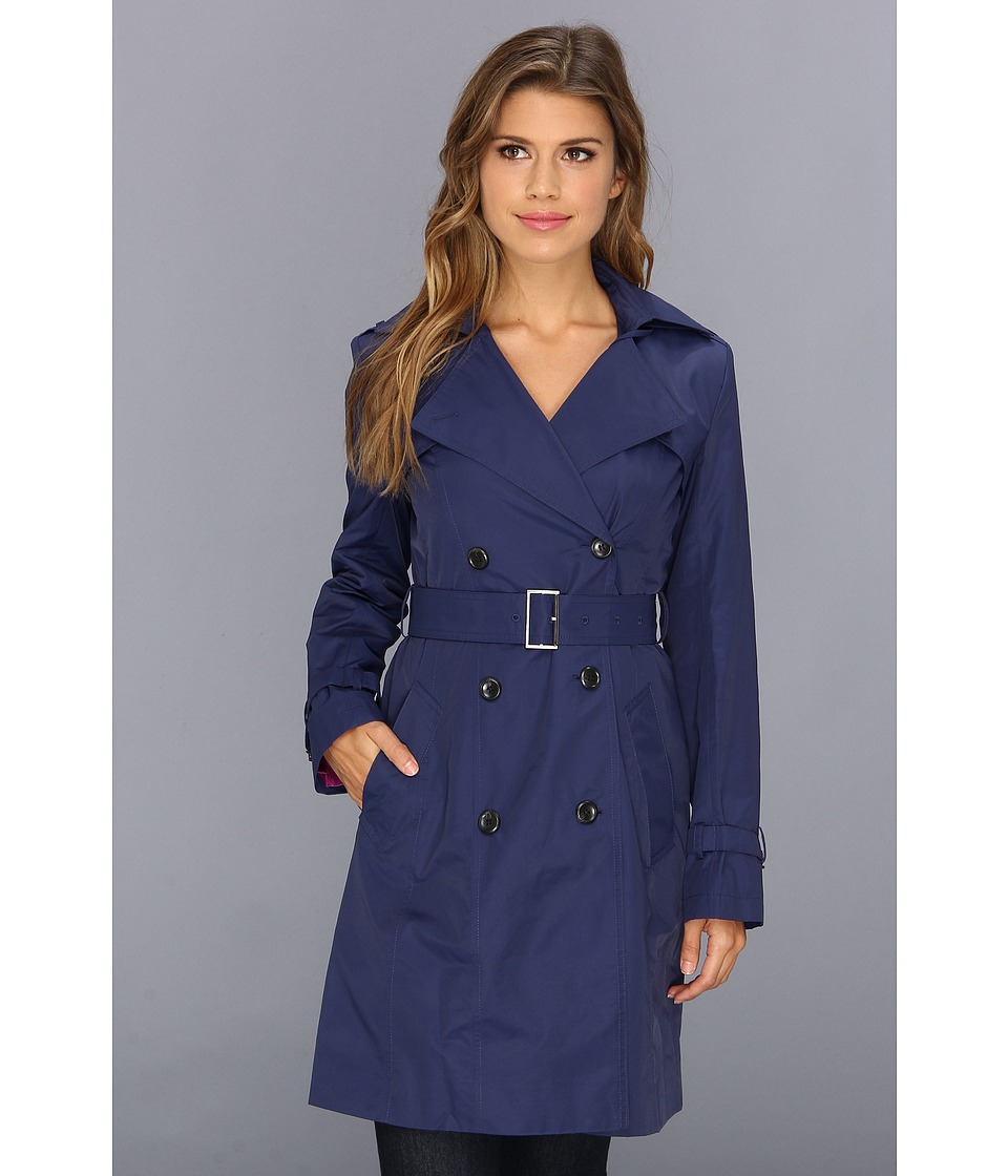 Cole Haan Double Breasted Trench Coat Classic Fit Faux Horn Buttons Buckles Womens Coat (Blue)