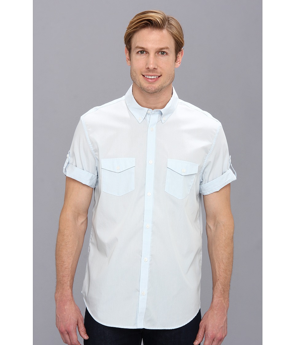 Calvin Klein Yarn Dyed Mini Stripe Poplin Button Down Shirt Mens Short Sleeve Button Up (White)