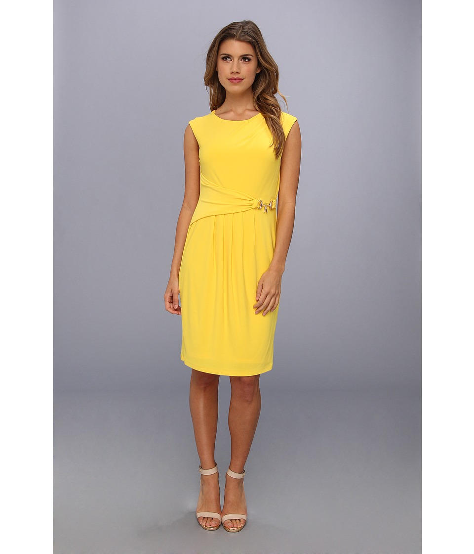 Ellen Tracy Cap Sleeved Crepe With Draped Hardware Womens Dress (Yellow)