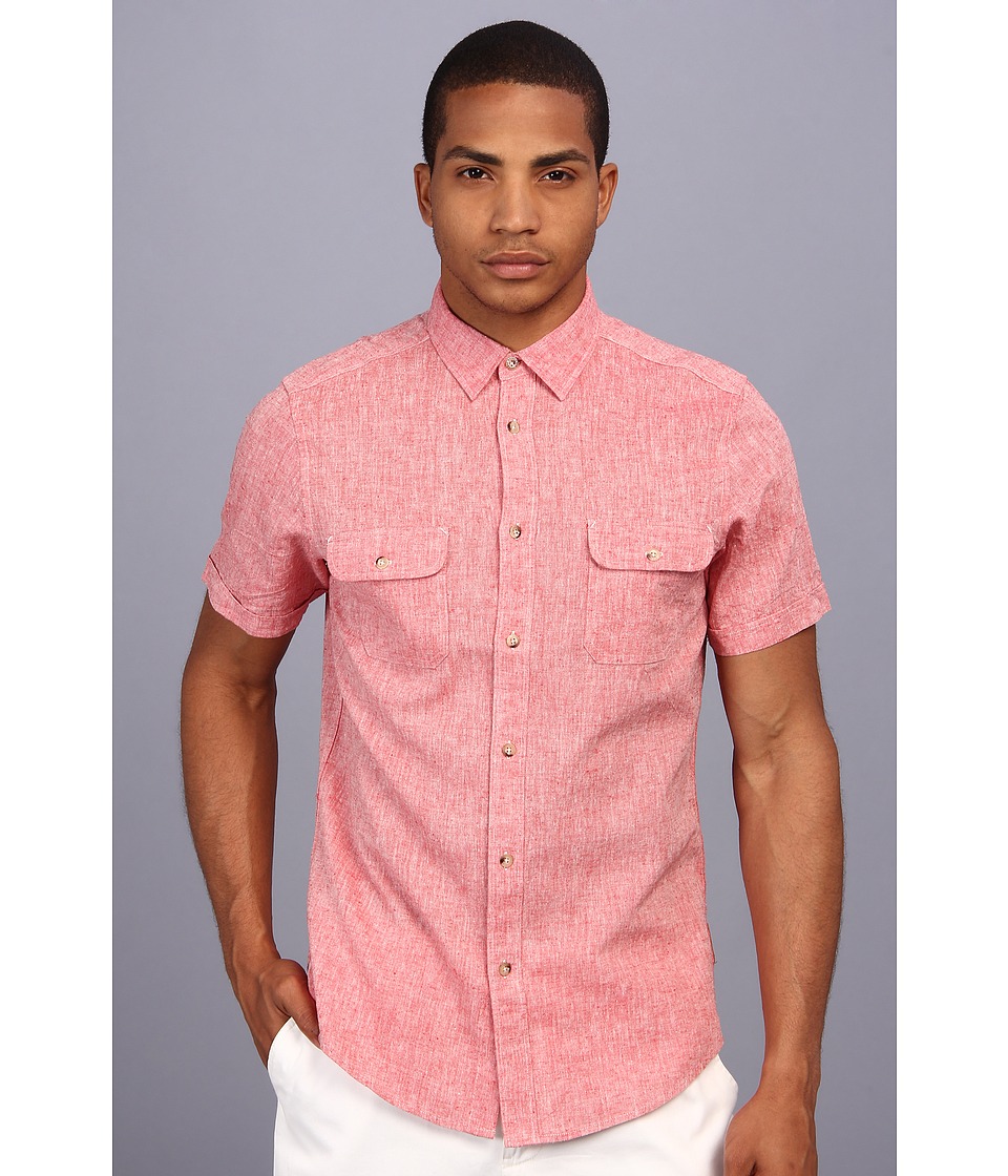 Ben Sherman Plain Cotton Linen S/S Shirt Mens Short Sleeve Button Up (Red)