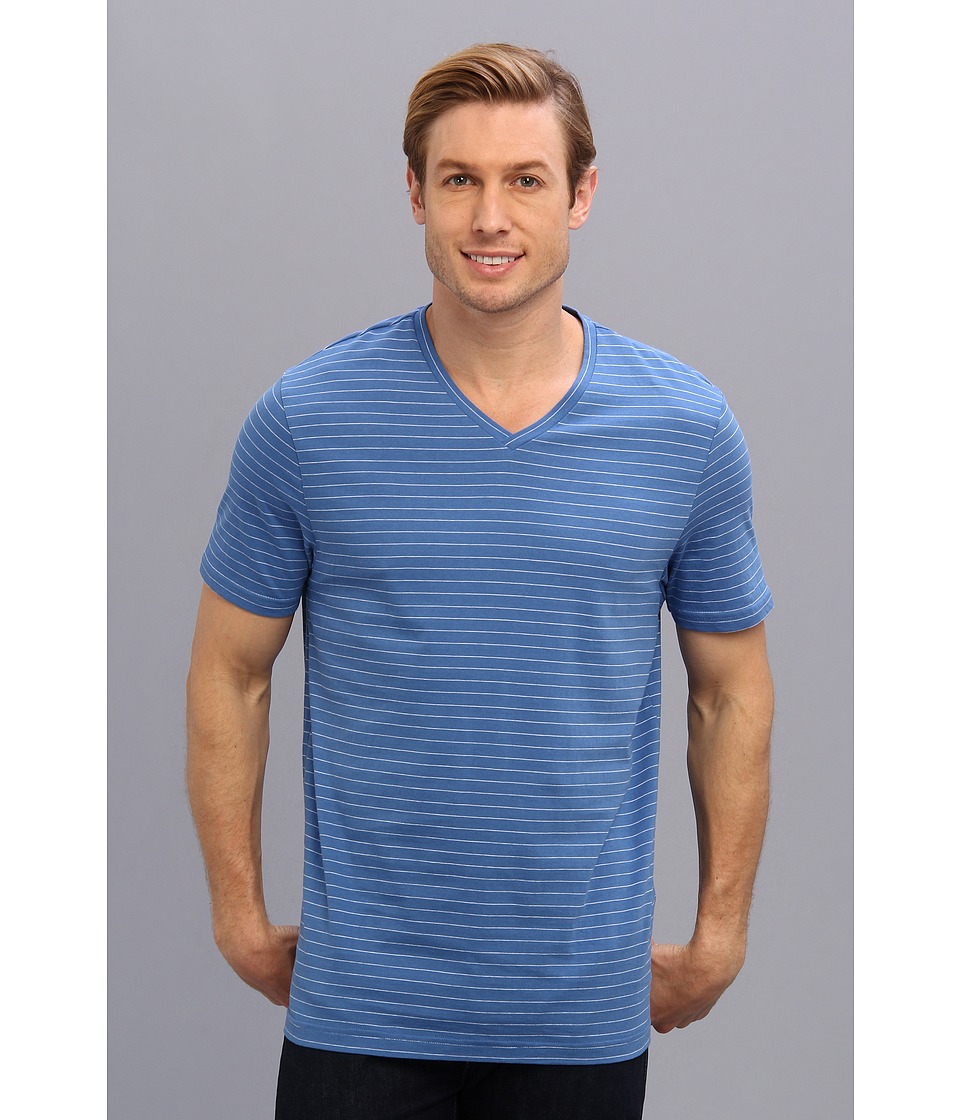 Perry Ellis S/S Cotton Stripe V Neck T Shirt Mens T Shirt (Blue)