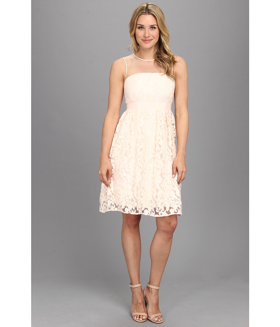 Maggy London Sleeveless Baroque Lace Party Dress w/ Illus Yoke Womens Dress (Pink)