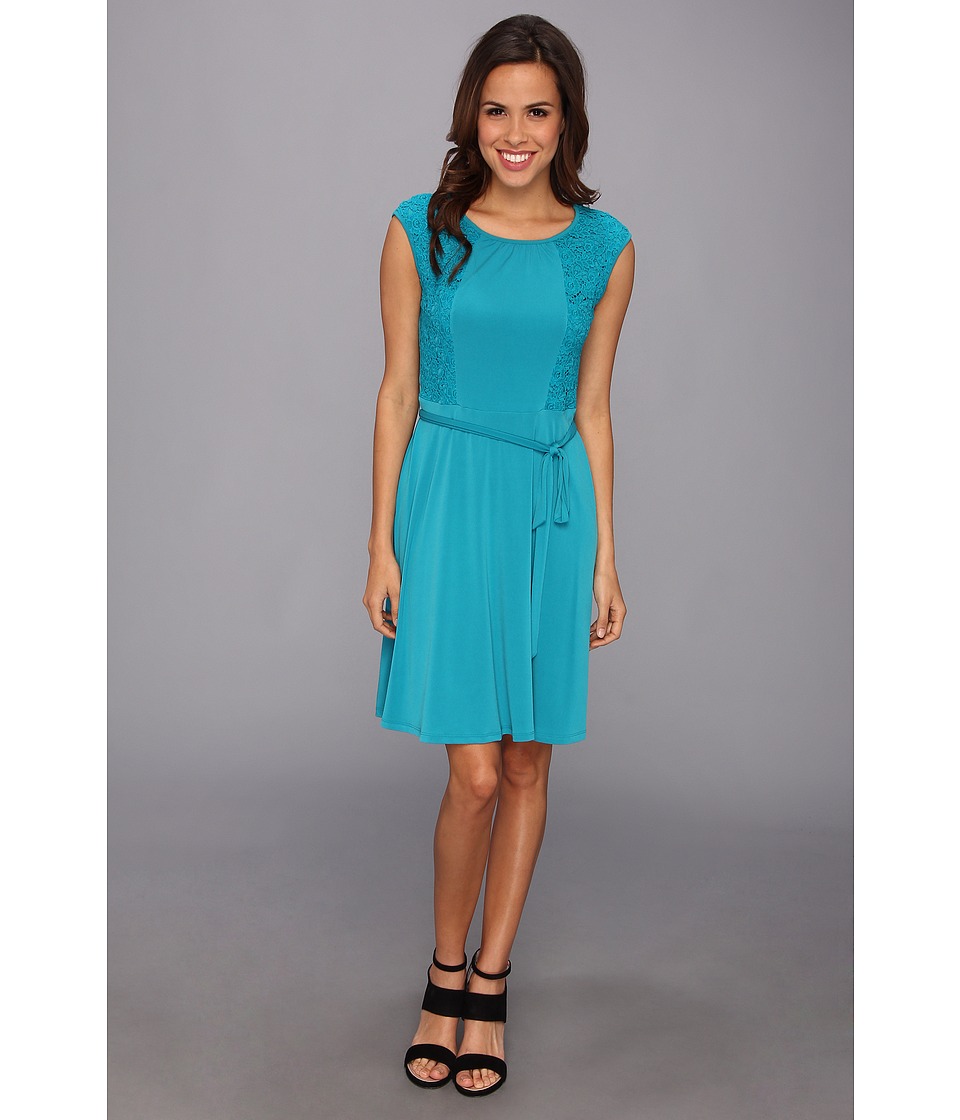 Calvin Klein Matte Jersey AO Cap Sleeve Dress w/ Lace Womens Dress (Green)