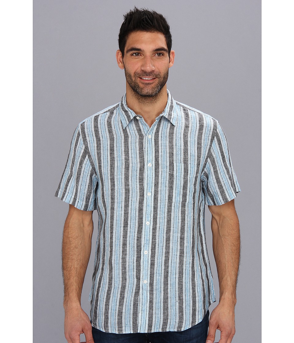 Perry Ellis S/S Linen Bold Stripe Shirt Mens Short Sleeve Button Up (Blue)