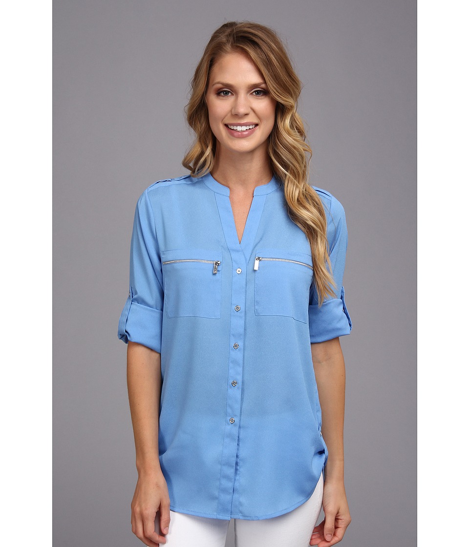 Calvin Klein Zipper Roll Poly CDC Sleeve Womens Blouse (Blue)