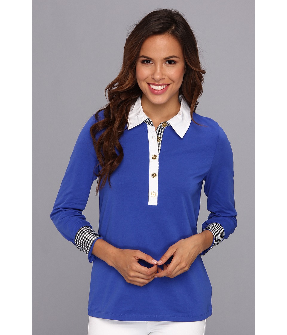 Jones New York L/S Polo Shirt w/ Woven Detail Womens Long Sleeve Pullover (Blue)
