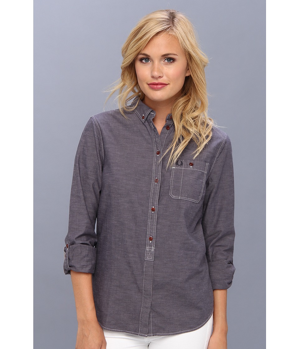 Fred Perry Boyfriend Fit Chambray Shirt Womens Long Sleeve Button Up (Gray)
