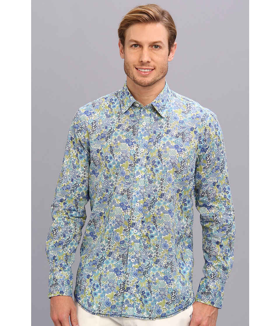 Report Collection Long Sleeve Floral Print Shirt Mens Long Sleeve Button Up (Blue)