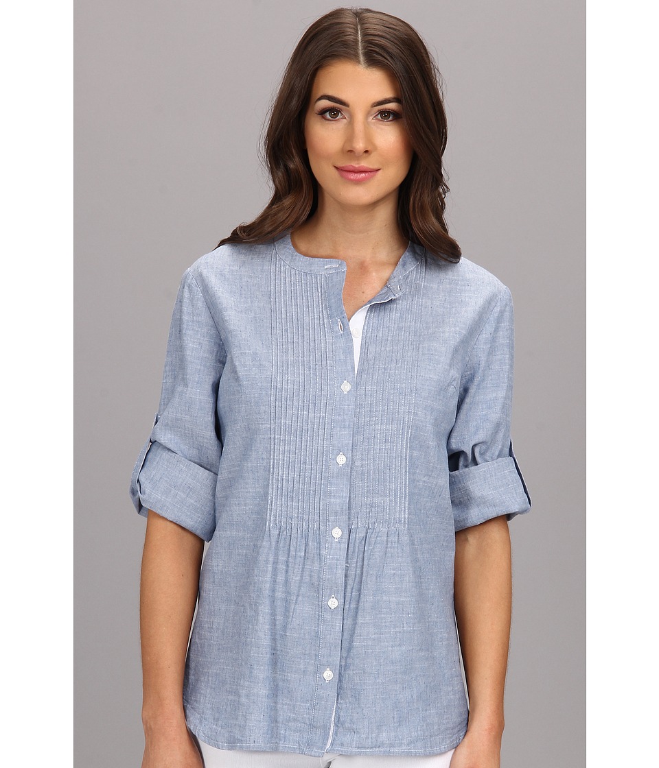 Jones New York Roll Sleeve Band Collar Shirt Womens Long Sleeve Button Up (Blue)
