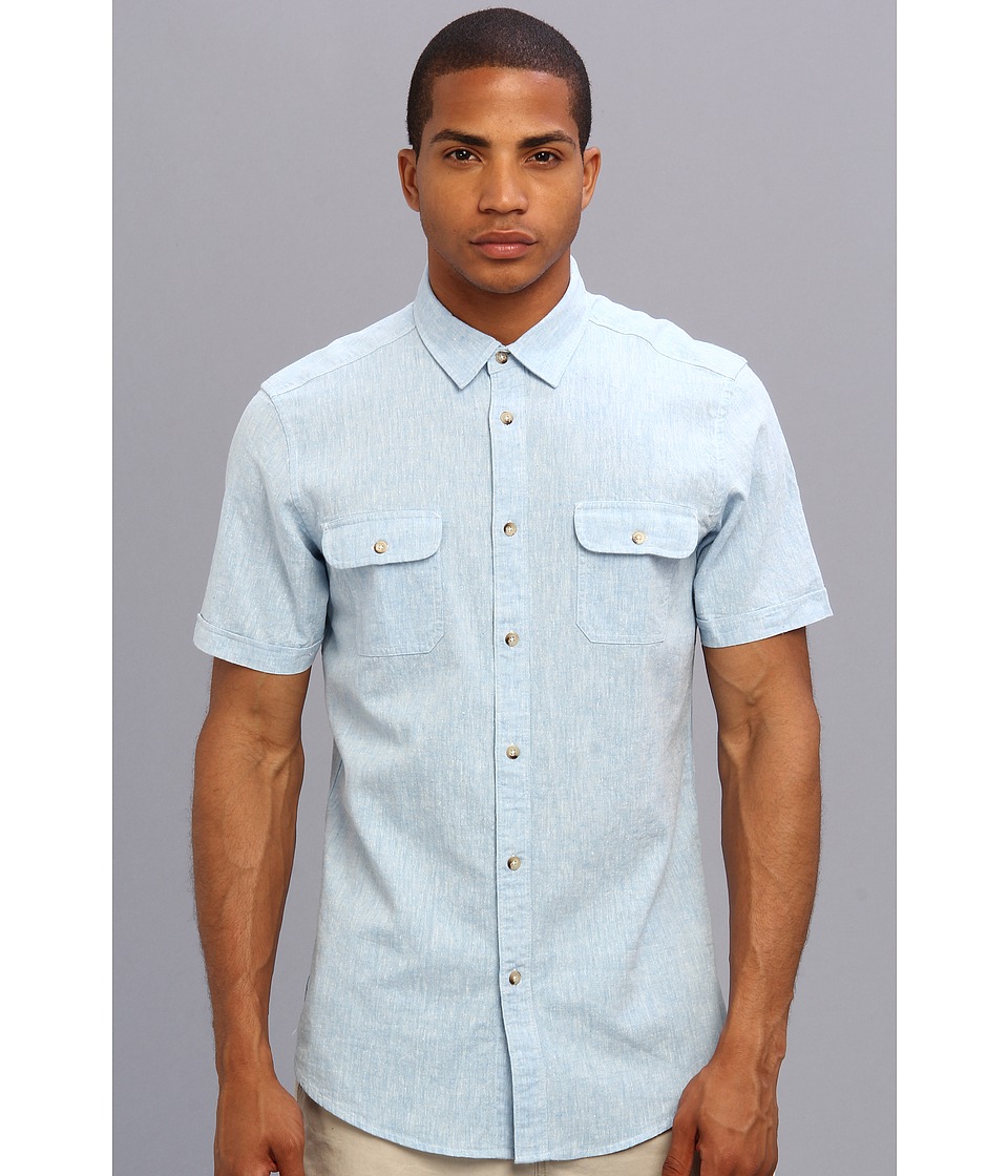 Ben Sherman S/S Cotton Linen Woven MA10189 Mens Short Sleeve Button Up (Blue)