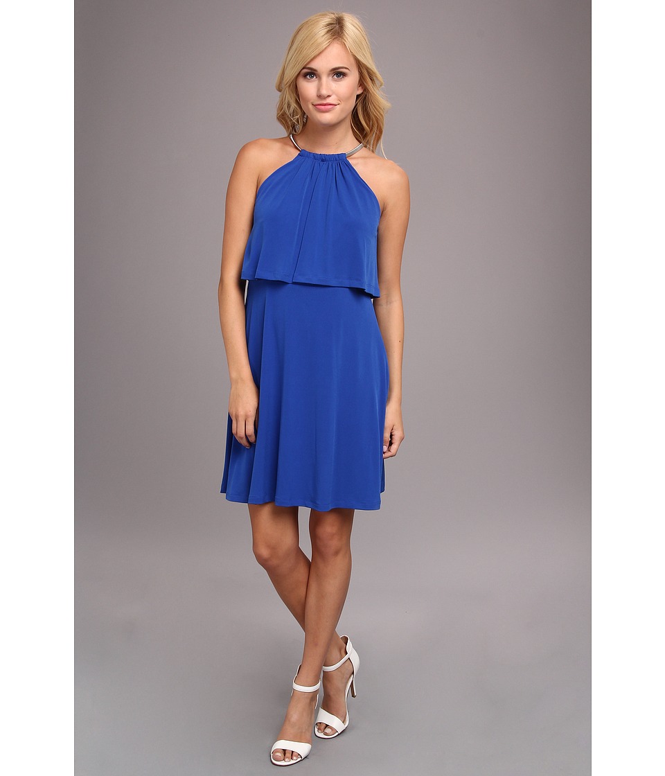 Jessica Simpson Halter Popover Bodice Flared Dress w/ Back Key Hole Womens Dress (Blue)