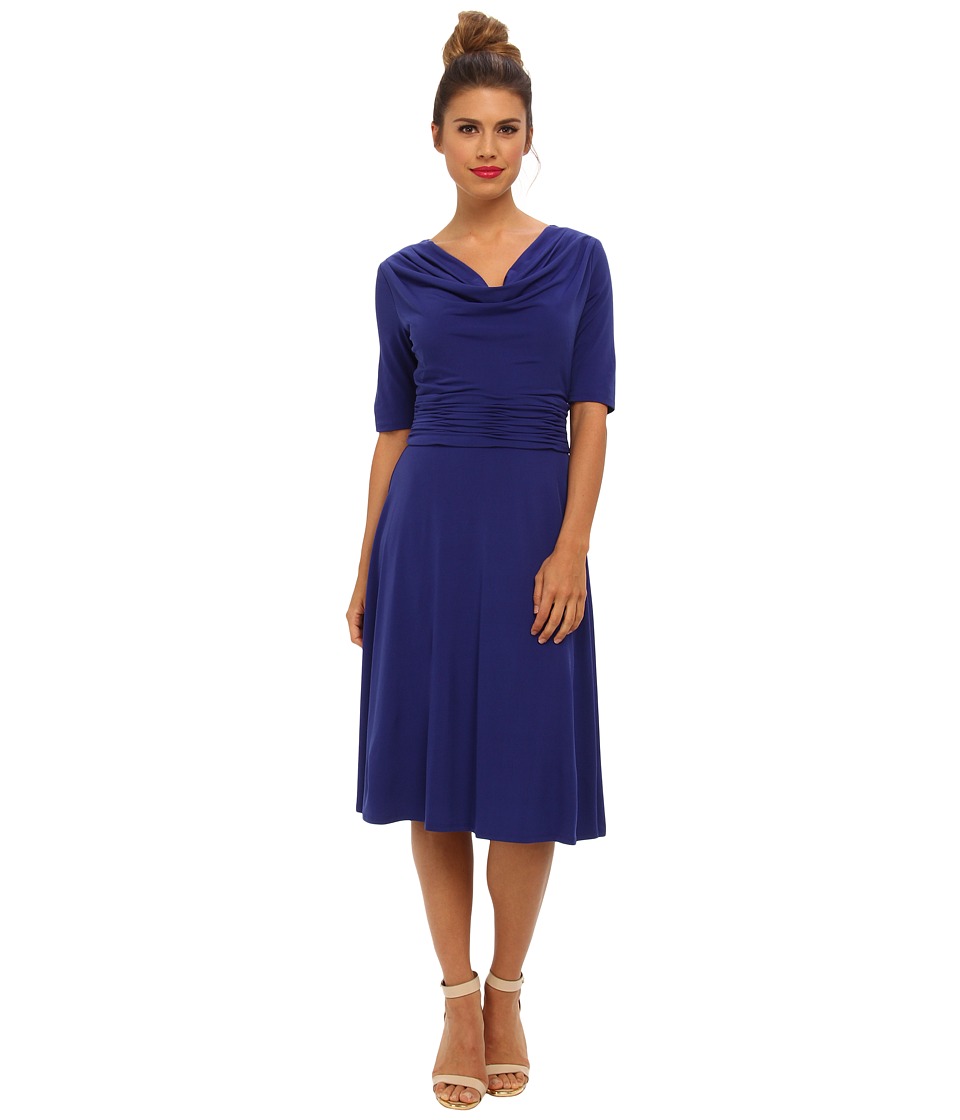 Jessica Howard Elbow Sleeve Drape Neck Ruched Waist Dress Womens Dress (Blue)
