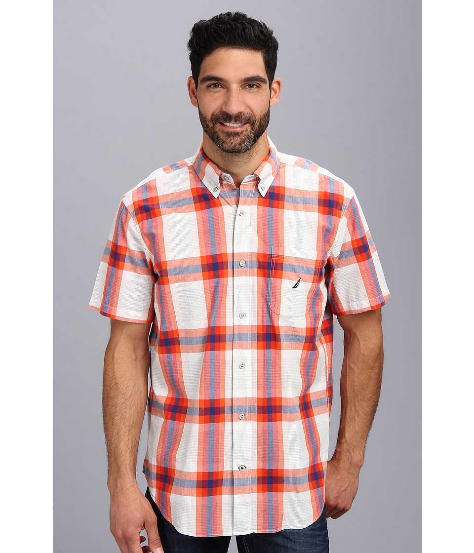 Nautica Orange Madras S/S Woven Shirt Mens Short Sleeve Button Up (Red)