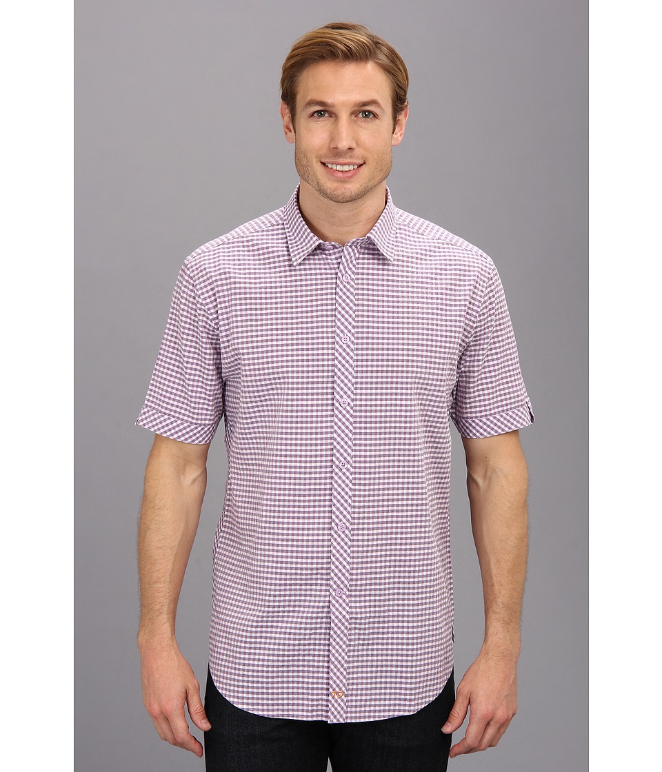 Thomas Dean & Co. Seersucker Gingham Button Down S/S Sport Shirt Mens Clothing (Purple)