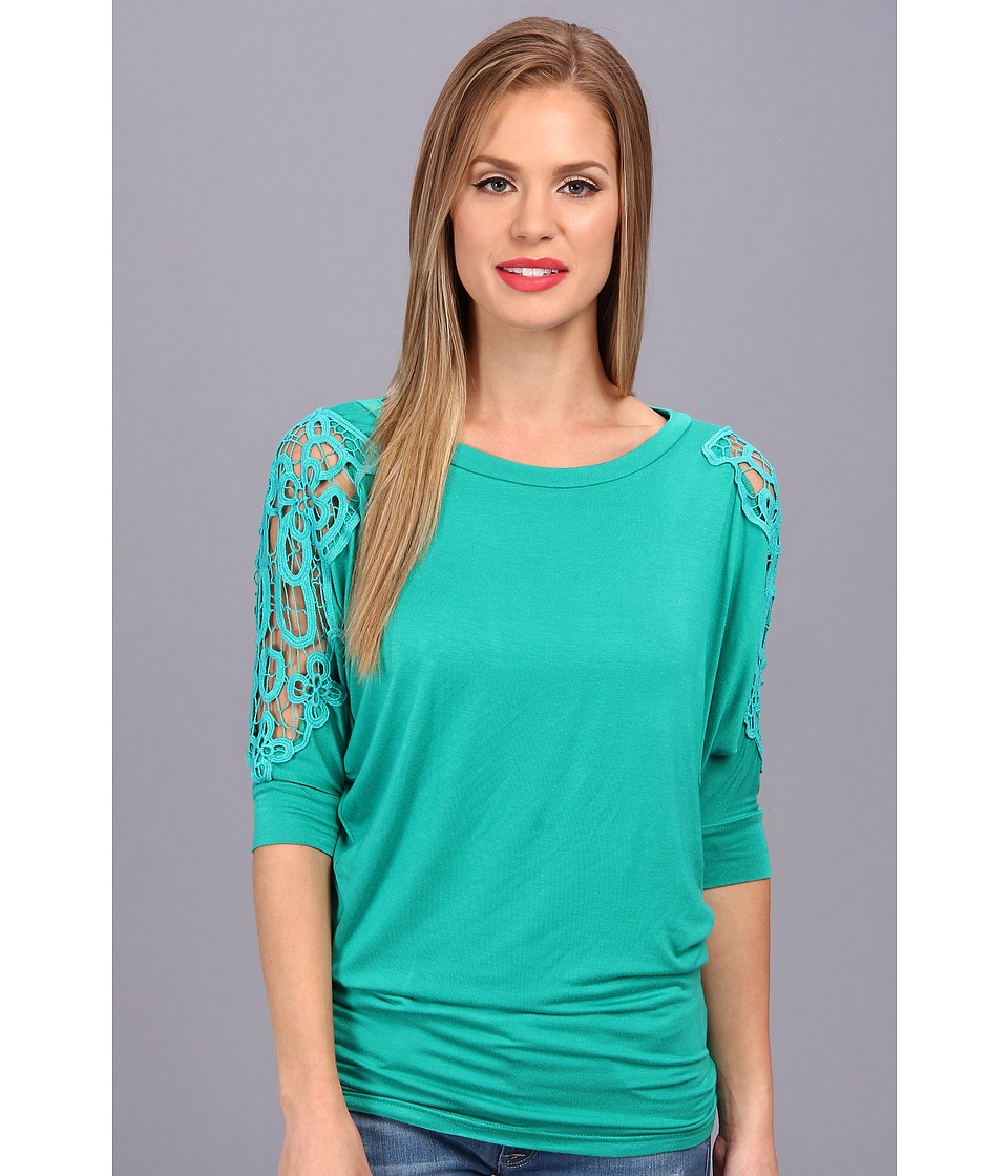 Brigitte Bailey Lace Trim Shoulder Top Womens Short Sleeve Pullover (Green)