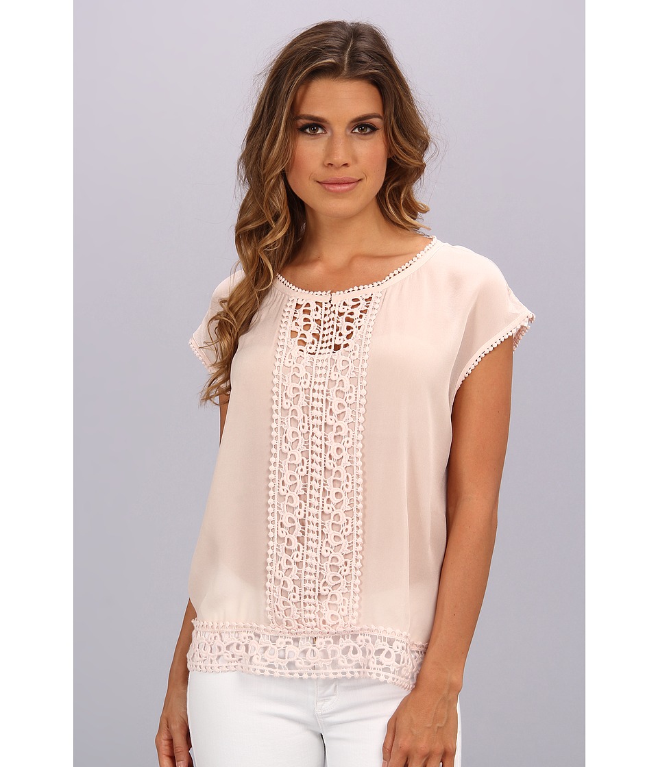 Adrianna Papell Cap Sleeve Blouse w/ Neck Opening Lace Trim Womens Blouse (Pink)