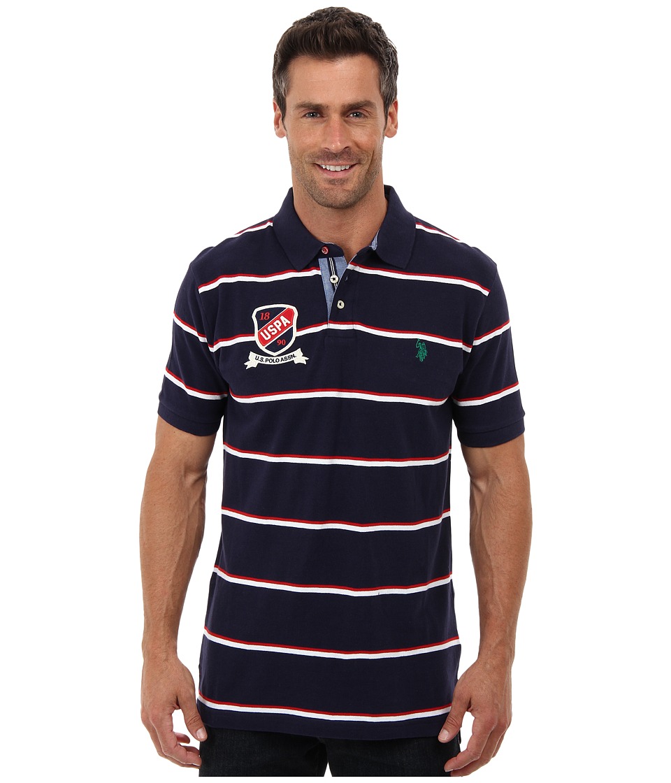 U.S. Polo Assn Stripe Short Sleeve Pique Polo with Patch and Pony Logos Mens Short Sleeve Pullover (Navy)