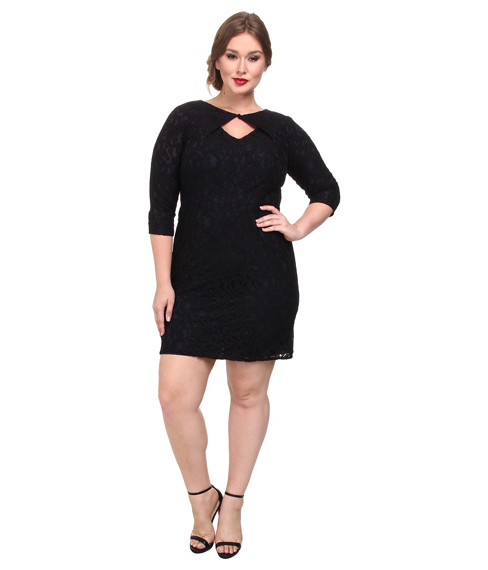 Adrianna Papell Plus Size Lace Origami Neckline Dress (Black) Women