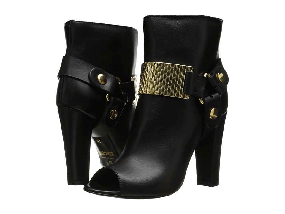 Just Cavalli Peep Toe Bootie with Gold Hardware (Black) Women