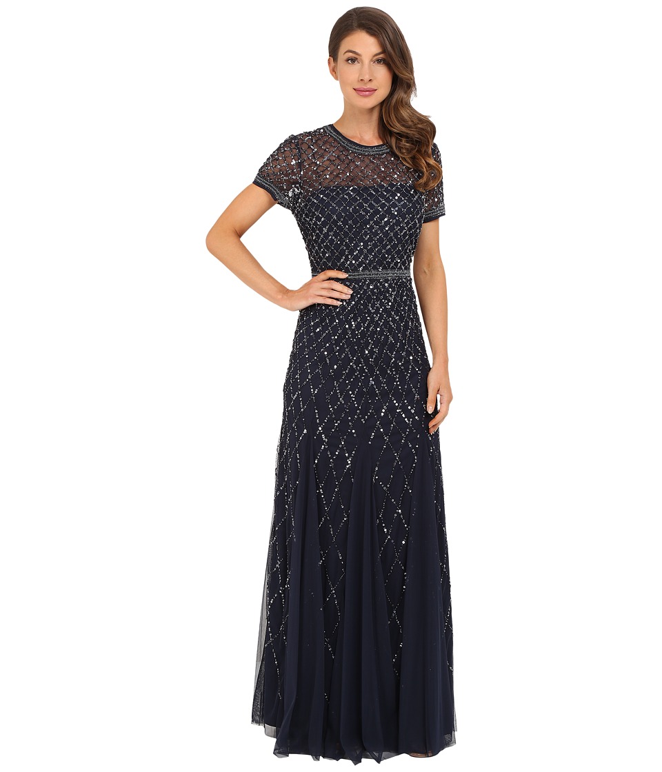 Adrianna Papell Cap Sleeve Fully Beaded Gown (Navy) Women