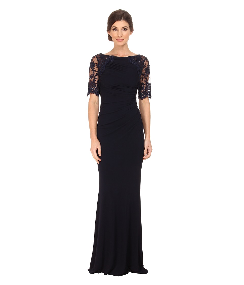 Badgley Mischka Short Sleeve Lace and Matte Jersey Gown Navy Dress Badgley Mischka Short Sleeve Lace and Matte Jersey Gown Navy Dress