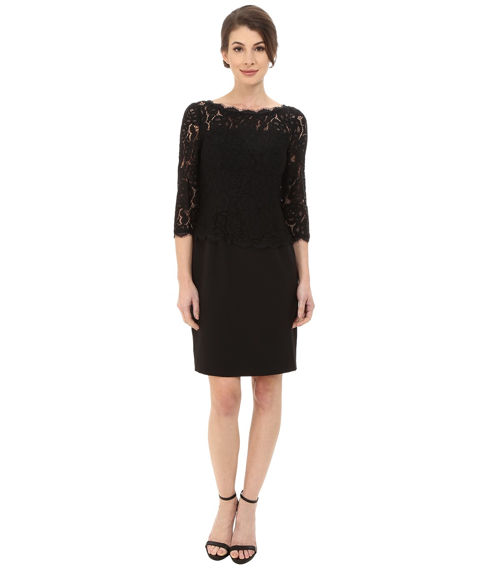 Adrianna Papell Bateau Neck Long Sleeve Lace Overlay (Black) Women
