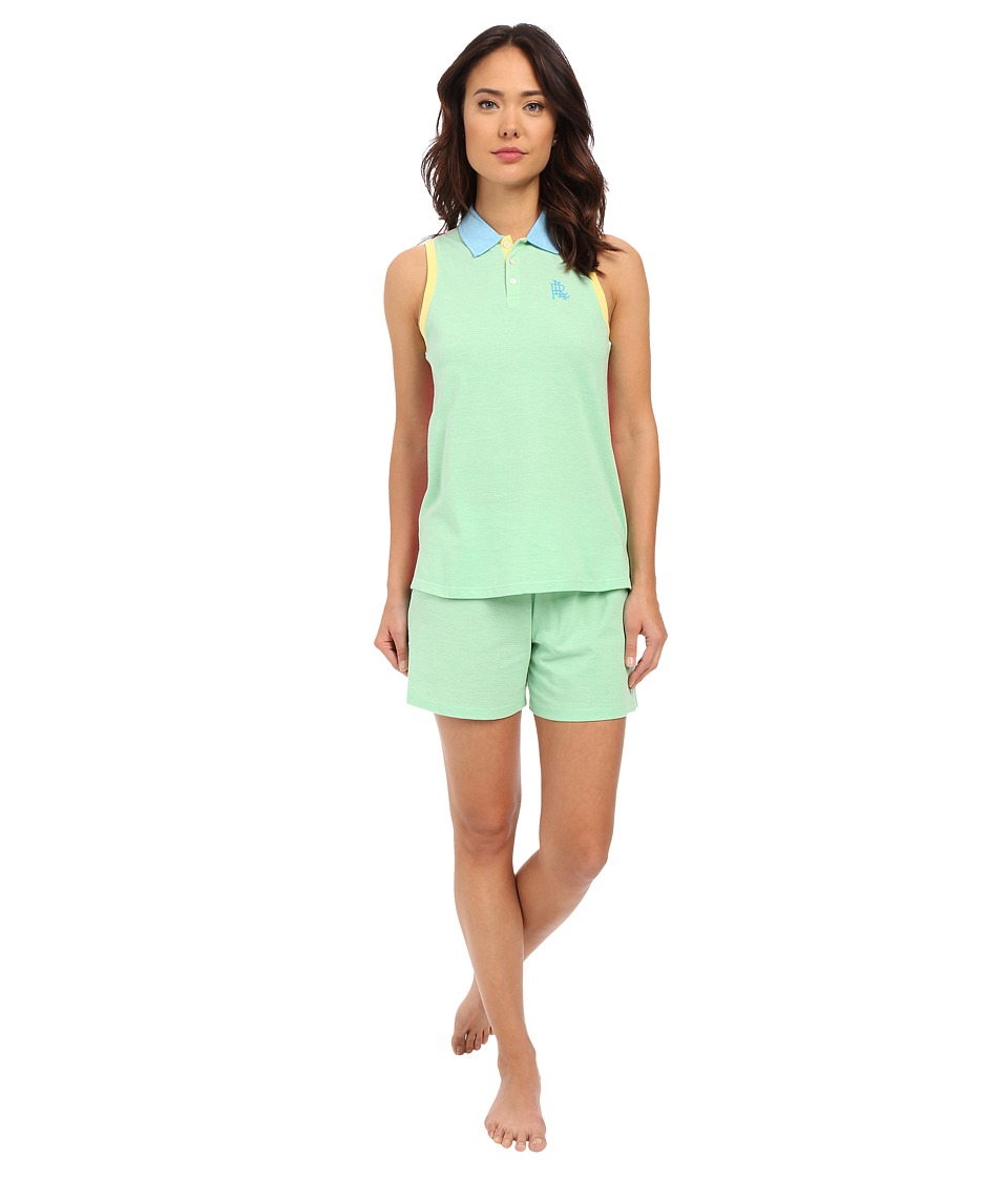 LAUREN Ralph Lauren - Color Block V-Neck Henley Boxer Pajama Set (Green) Women