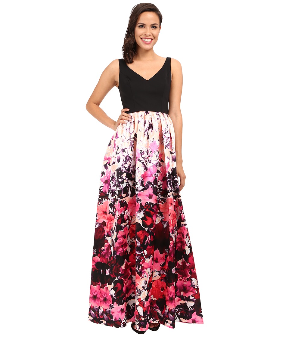 Adrianna Papell Deep-V Printed Floral Mikado Dress (Pink Multi) Women